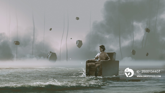 man sitting on armchair in the sea with rocks floating in the sky, digital art style, illustration painting