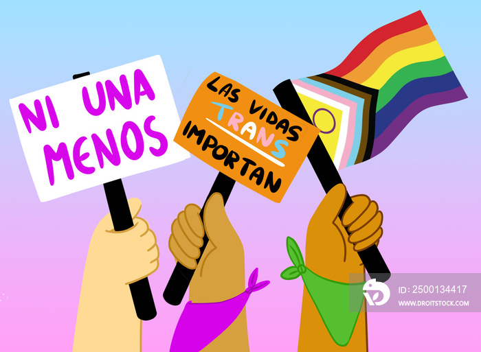 Manos con carteles feministas, derechos de personas trans y bandera lgtbiq+