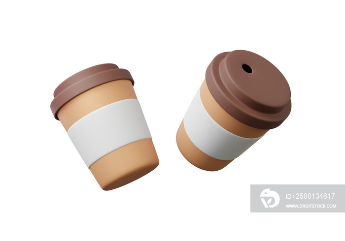 3D Pair blank paper coffee cups floating on isolated background. organic product packaging element design nature object love the world. minimal cartoon style. 3d render illustration