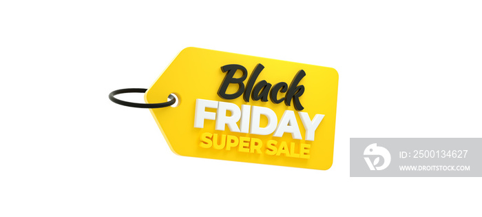 Isolated Black Friday Super Sale yellow tag in 3D rendering. Special offer banner template on a white background