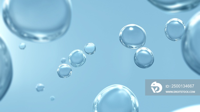 Pure vitality cosmetic refreshing hygiene hydrogen renewable energy studio shot. Transparent carbonated blue gas bubbles underwater in full-frame macro close up with selective focus banner background.