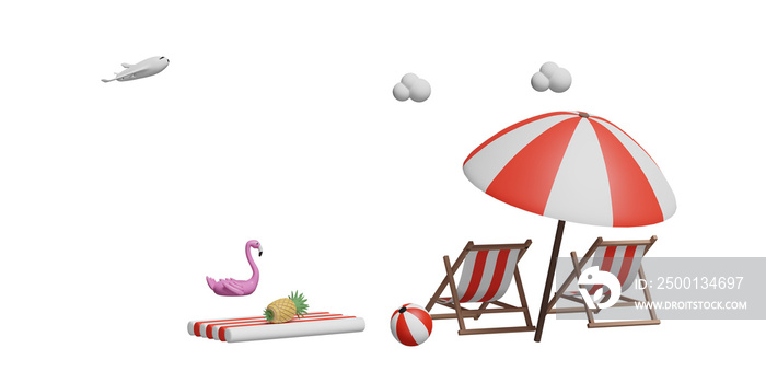 summer beach with beach chair, ball, swim ring flamingo, landscape, summer travel concept, 3d illustration, 3d render