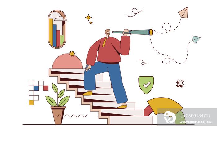 Career opportunity concept with character situation in flat design. Man with spyglass climbs career ladder and looks for better solutions and progress. Illustration with people scene for web