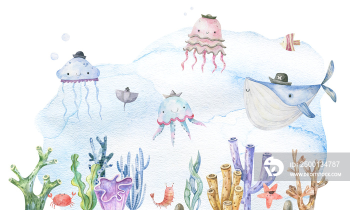 Set of sea watercolor style cards. Underwater creatures, starfish, coral, fish. Marine, nautical  wallpaper, background. Hand drawn style. Watercolor texture. Baby, kids design