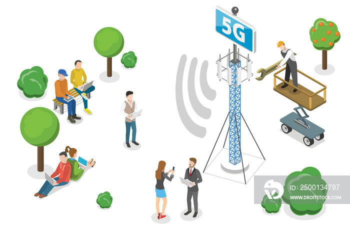 3D Isometric Flat  Conceptual Illustration of 5G Cell Tower