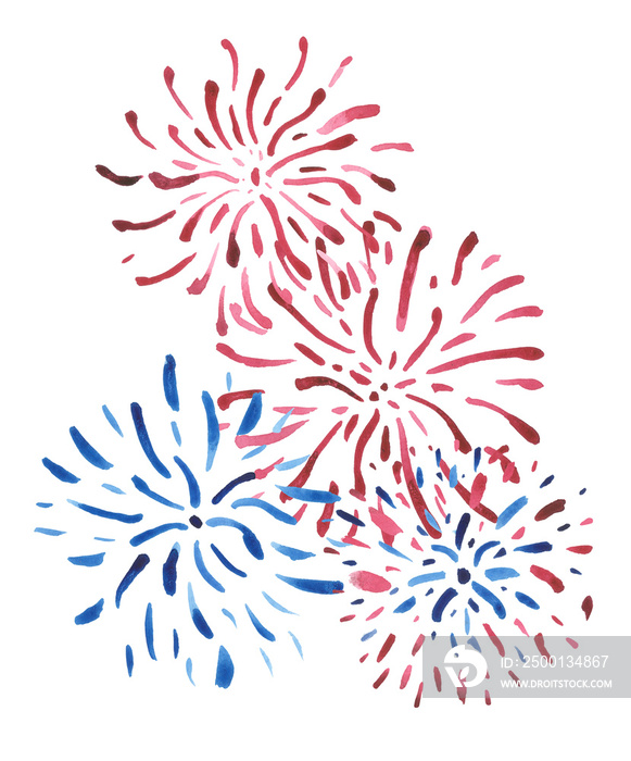 Blue and red fireworks isolated on white background, painted in watercolor. Elements for composition on the patriotic theme: Independence day, flag day of the US