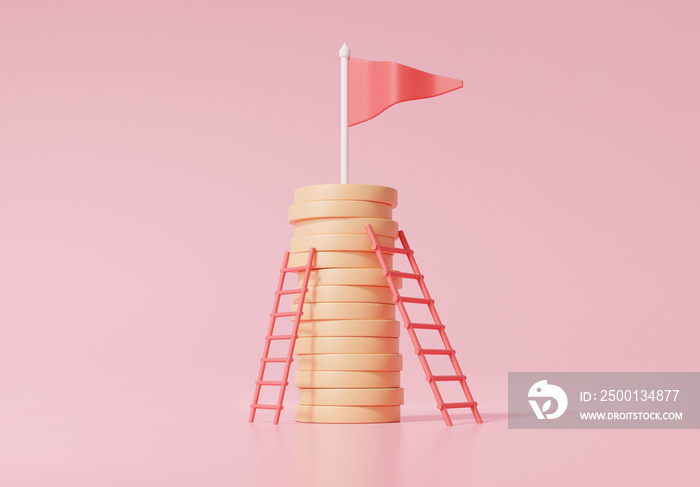 Grow target achievement Stack coins with staircase growth embroidered flag, Financial graph economics, earning money saving investment education concept. on pink background. 3d render illustration