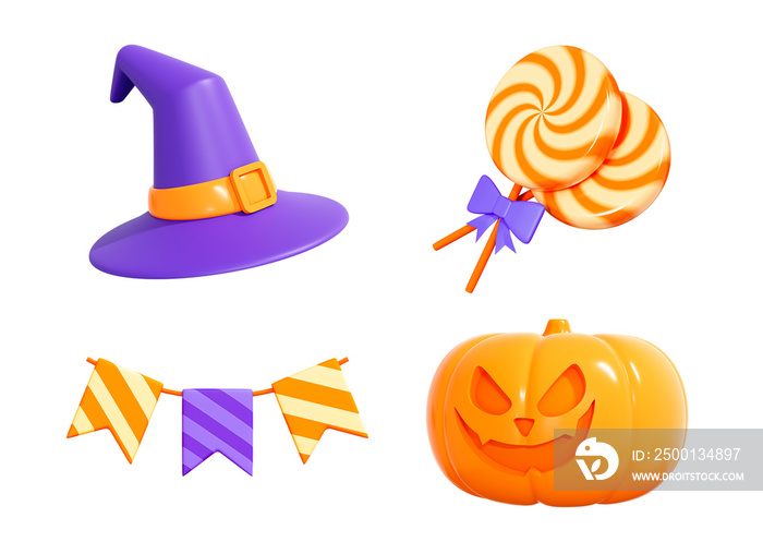 3D Halloween set of decorative elements for design. Pumpkin, witch hat, festival ribbon and candy lollipops. Trick or treat. Cartoon creative design icon isolated on white background. 3D Rendering