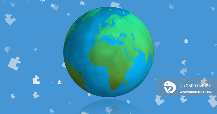 Image of blue and white puzzle pieces falling over globe on blue background