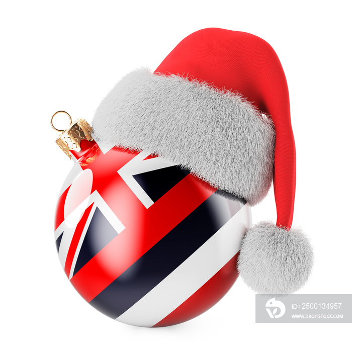 Christmas ball with Hawaiian flag and Santa Claus hat. Christmas and New Year in Hawaii, concept. 3D rendering