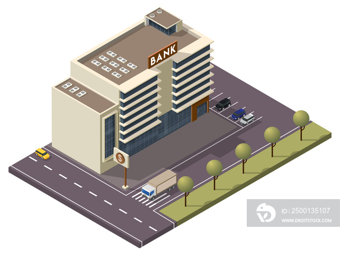 Isometric Bank Building with Signboard and Car Parking Along Transport Street Background.