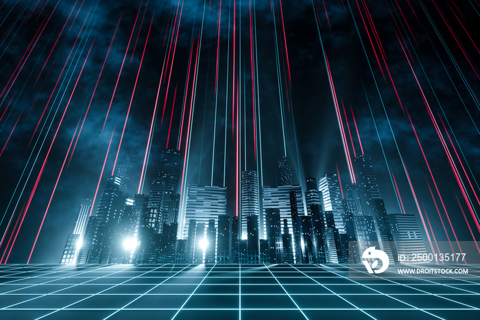 3d rendering cityscape with red and light blue light trail on sky. Concept futuristic city, downtown district, town at night with bright neon light.