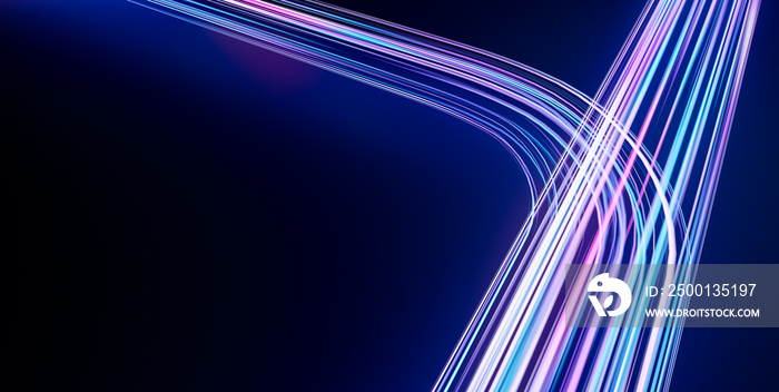 Futuristic vibrant blue purple color speed light, abstract timelapse highspeed car light trail motion effects at night 3d rendering, dynamic neon curve