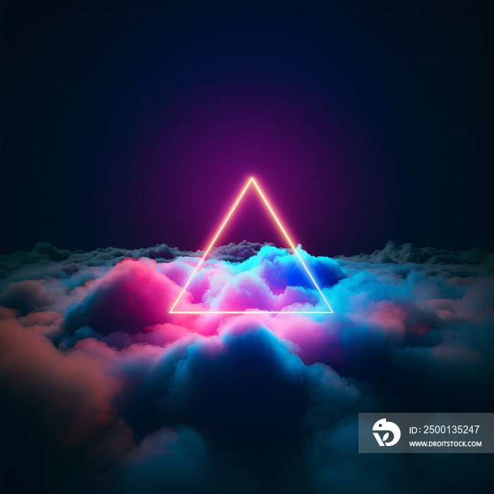 3D Shape Render, Abstract neon triangle illuminated cloud on dark night sky. Glowing geometric shape