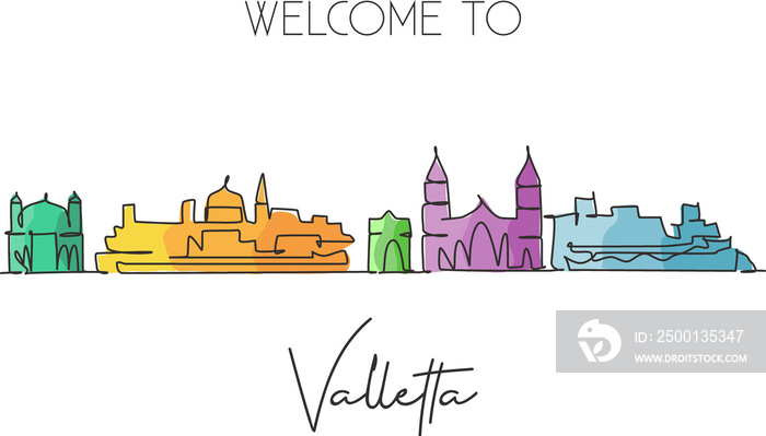 One continuous line drawing of Valletta city skyline, Malta. Beautiful landmark postcard. World landscape tourism travel vacation. Editable stylish stroke single line draw design vector illustration