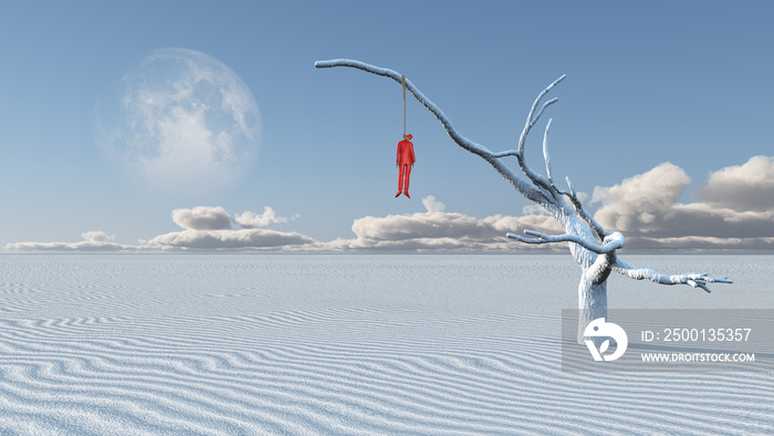 Man hangs from limb of large withered tree in desolate desert