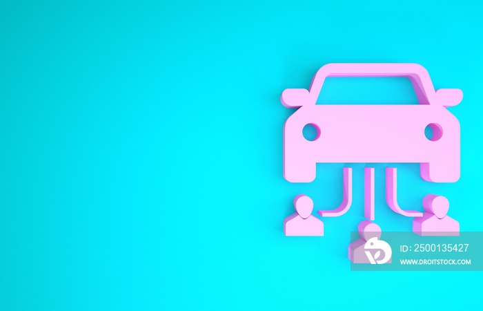 Pink Car sharing with group of people icon isolated on blue background. Carsharing sign. Transport renting service concept. Minimalism concept. 3d illustration 3D render