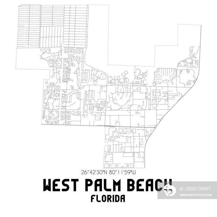 West Palm Beach Florida. US street map with black and white lines.