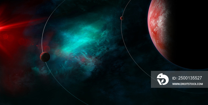 3D celestial art of small planets orbiting around a big planet - space exploration beauty