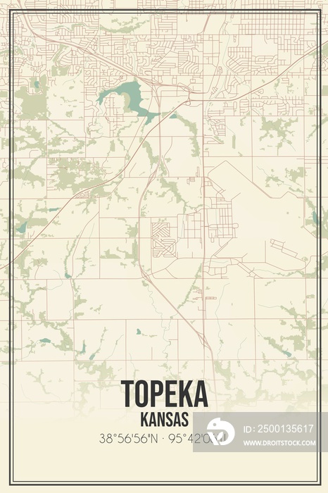 Retro US city map of Topeka, Kansas. Vintage street map.