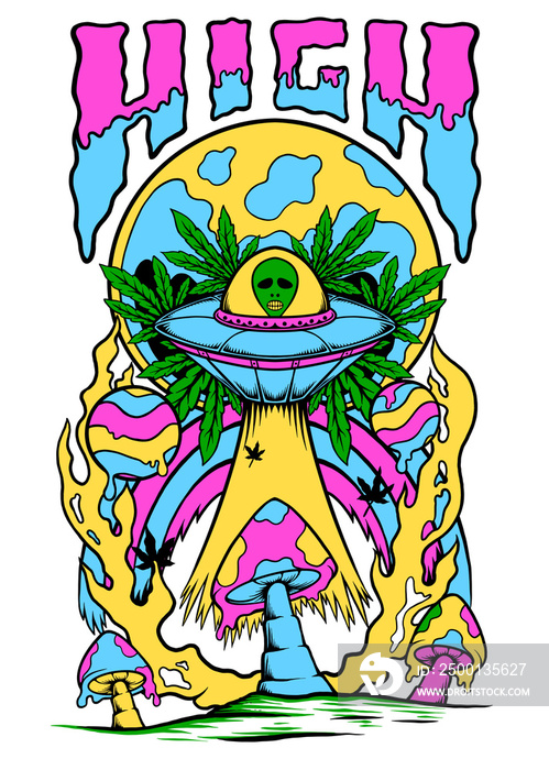 Color full  alien high with cannabies leaf illustration