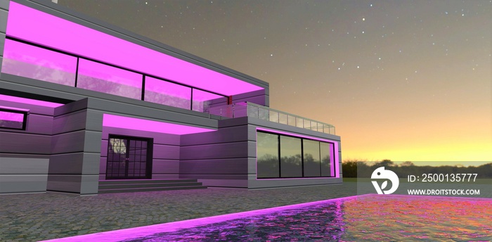 Pink LED lighting of a country design house with a swimming pool. Relevant for female homeowners. 3d render.