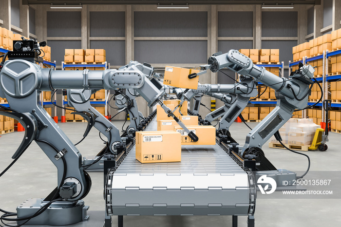 Automatic warehouse with robotic arms, 3D rendering