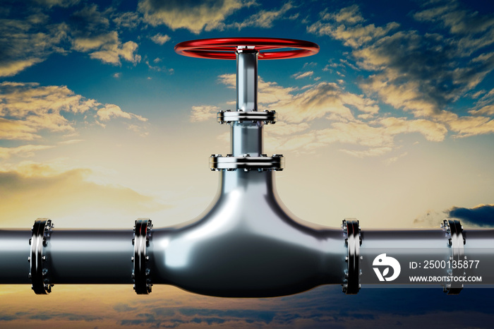 Gas pipeline and valve, sky in background - 3D illustration