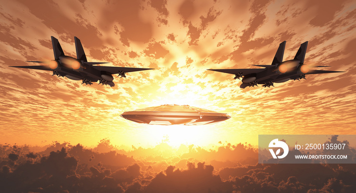 Military Jets Pursue UFO. Sunset or sunrise