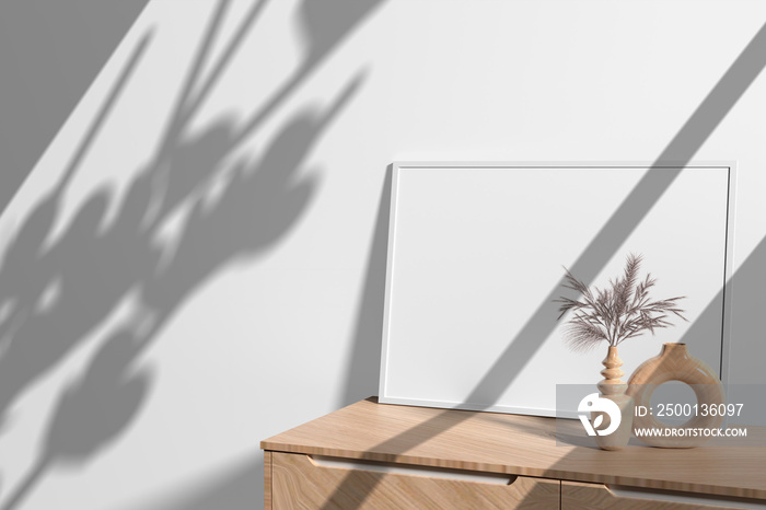 Blank Landscape poster mockup on table with shadow overlay