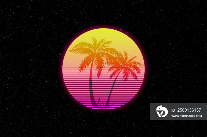retro synthwave style illustration with coconut palm trees against the gradient sunset
