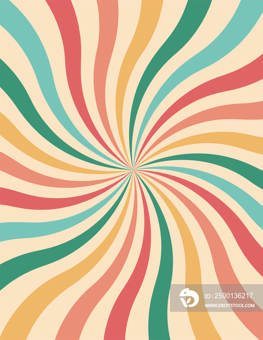 Groovy 70s background with twisted sunburst. Set of vintage sun retro banner background. Illustration