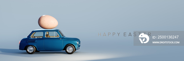 Dark blue old car with Easter egg on the roof. Easter is coming with text on blue background. 3D Rendering, 3D Illustration