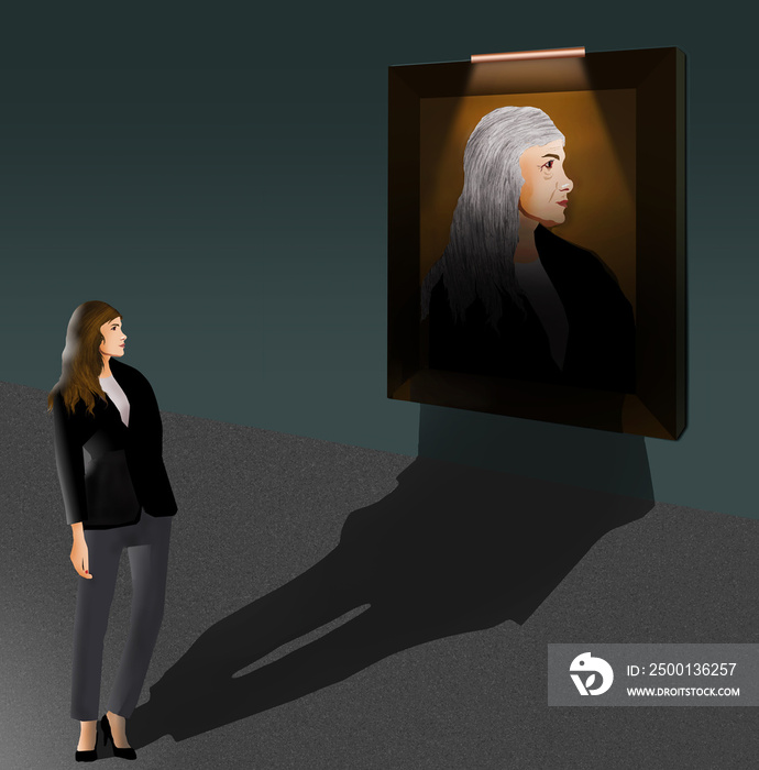 A woman stands in front of a framed picture of herself only at a much older age in a 3-d illustration about growing old.