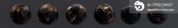 Six globes showing earth with 60 degree rotation at night. Six globes showing earth with 60 degree rotation at night. Elements of this image furnished by NASA. 3D illustration.