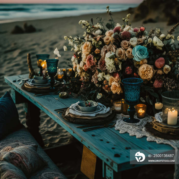 a Valentines day boho picnic with soft blush and warm florals, candles, and rattan, AI assisted finalized in Photoshop by me