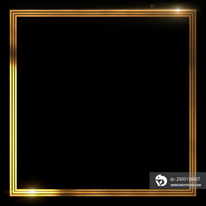 Gold metal glitter and shiny frame square isolated on black background