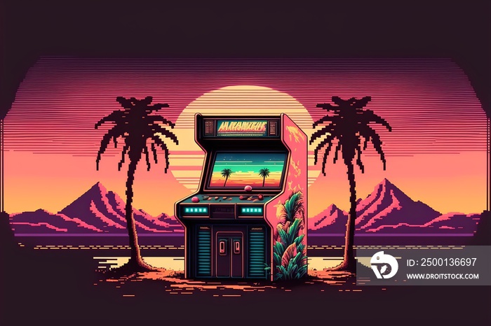 Retro arcade machine, 80s, pixel art style. Digital illustration AI