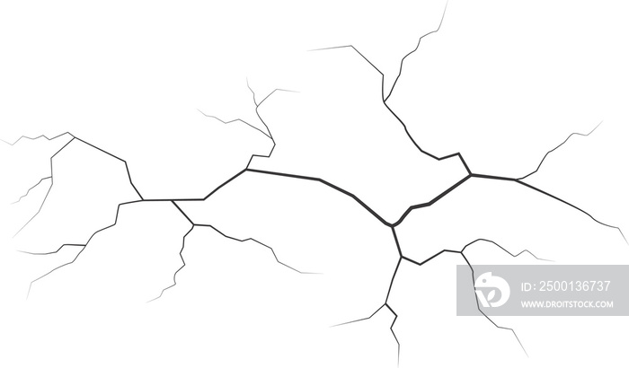 Cracks on wall, earth or stone. Scratches lines on surfaces. Lightning and thunderstorm illustration. Fissure on ground and ice. Graphic explosions