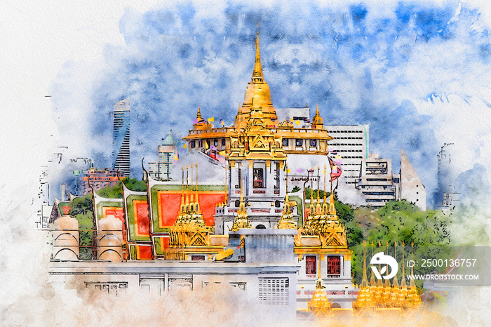 Watercolor drawing beautiful picture of Wat Saket Ratchaworamahawiharn (The Golden Mount ) famous landmark at Bangkok Thailand.