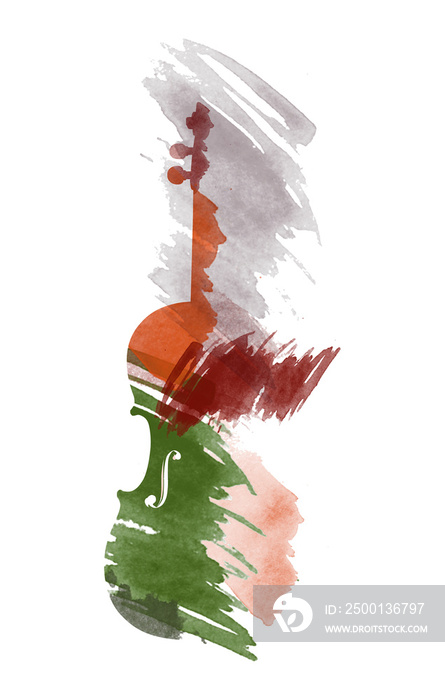 A violin musical instrument is seen in an abstract watercolor painting isolated on a white background. This image is on a transparent png background.