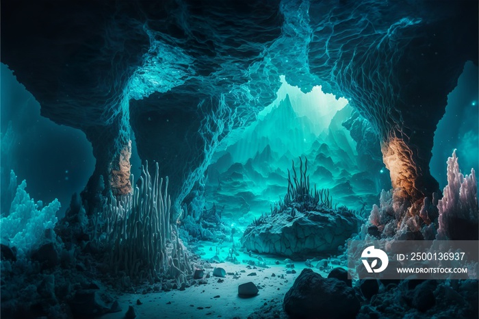 Deep blue frozen crystal cave system under the sea with ice pillars subaquatic scenery illustration