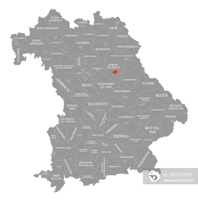 Amberg city red highlighted in map of Bavaria Germany