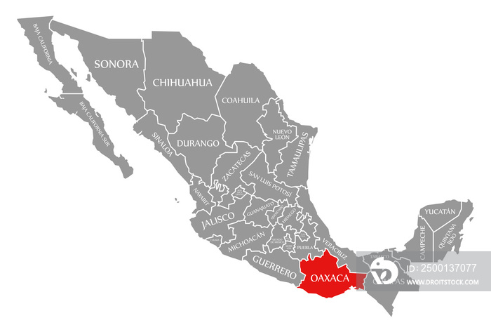 Oaxaca red highlighted in map of Mexico