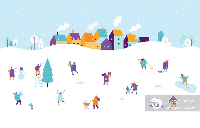 Winter outdoor activities. Flat  illustration.