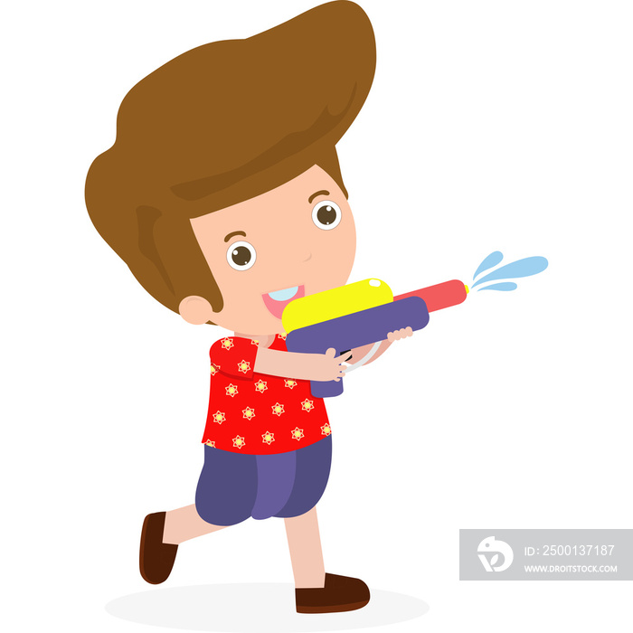 Songkran festival kids holding water gun and jumping enjoy splashing water in Songkran Thailand costume Traditional New Year’s Day  Illustration isolated Png style