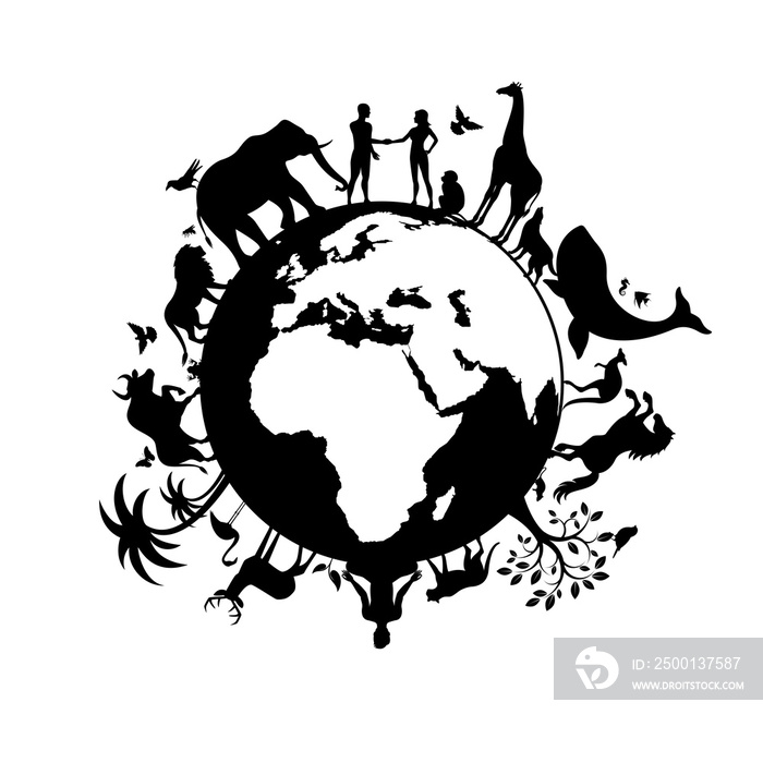 Planet Earth with animals and humans black silhouette illustration. Planet Earth black silhouette. Wild animals silhouette. Planet Earth with fauna and flora illust. Animals and people on planet earth