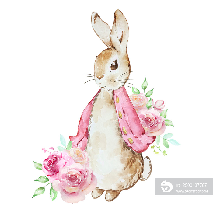 Watercolor illustration of peter bunny with a bouquet of pink flowers