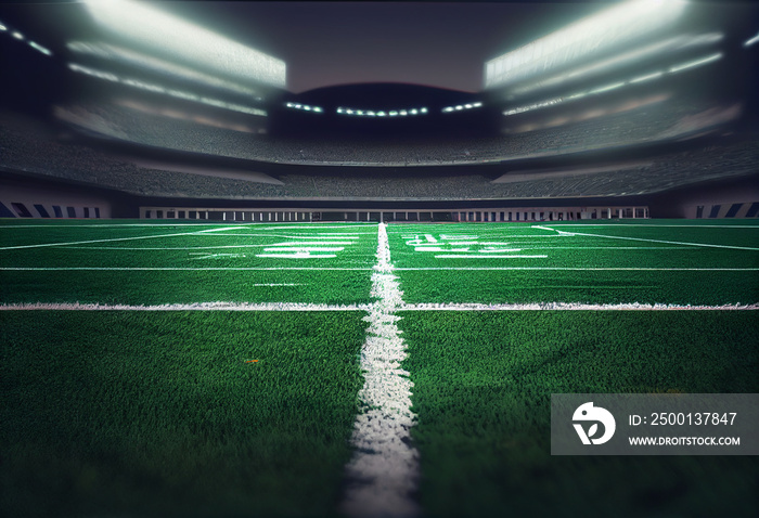 American football field from midline inside large stadium with green grass.