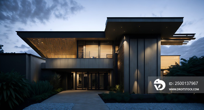 Photo of a contemporary home with a sleek walkway leading to the entrance